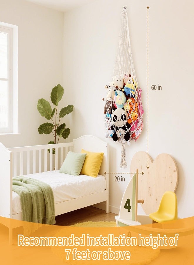 Aufee Stuffed Animal Storage, 5Ft Corner Hanging Stuffy Toy Hammock, Large Stuffed Animal Holder Organizer with Hooks, Macrame Plushie Net for Nursery Kids Playroom Bedroom Decoration (Cream) - Image 2